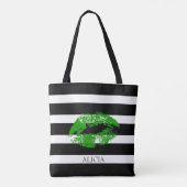 Monogram groene lips en zwarte witte strepen tote bag (Achterkant)