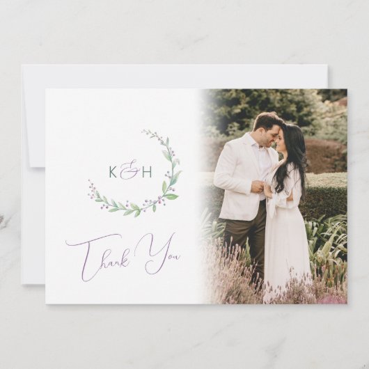 Monogram groene paarse bes trouwfoto QR Code Bedankkaart (Voorkant)