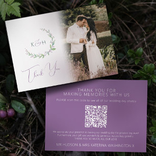 Monogram groene paarse bes trouwfoto QR Code Bedankkaart