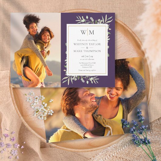 Monogram Groene Paarse Foto Bruiloft Kaart