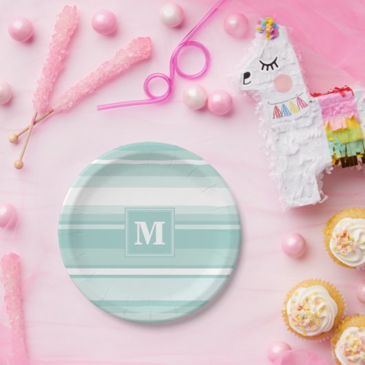 Monogram groene strepen papieren bordje (Feest)