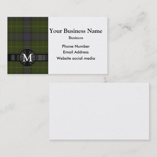 Monogram groene tartan plaid visitekaartje (Voorkant / Achterkant)