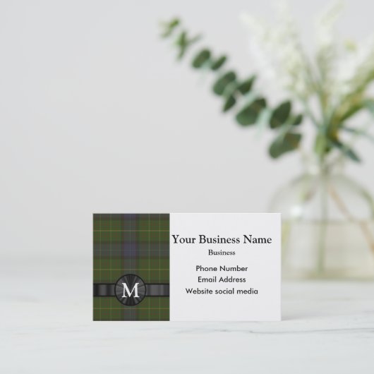 Monogram groene tartan plaid visitekaartje (Staand voorkant)