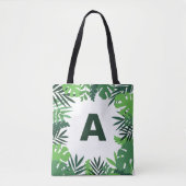 Monogram groene tropische palmbladeren bloem tote bag (Voorkant)