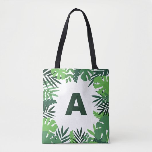 Monogram groene tropische palmbladeren bloem tote bag (Voorkant)