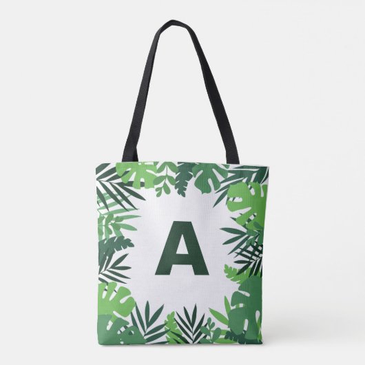 Monogram groene tropische palmbladeren bloem tote bag (Achterkant)