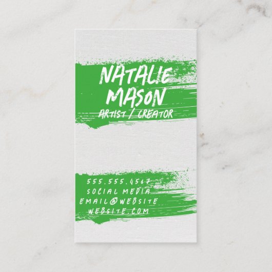 Monogram groene verf op canvas aangebracht met een visitekaartje (Achterkant)