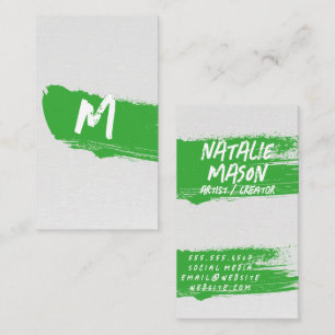 Monogram groene verf op canvas aangebracht met een visitekaartje