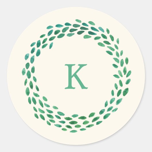 Monogram Groene Waterverf Kerstkrans Ivoor Ronde Sticker (Voorkant)