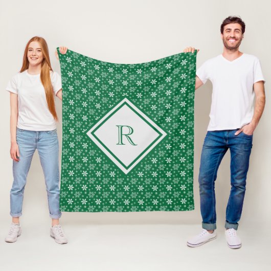 Monogram Groene Witte Sneeuwvlokken Winter Kerstmi Fleece Deken (In situ)