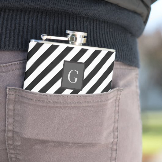 Monogram Groomsman Best Man Black White Stripe Heupfles (Voorbeeld)