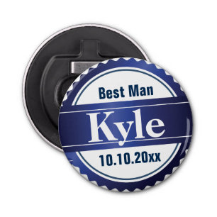 Monogram Groomsman Blue Wedding Party Button Flesopener