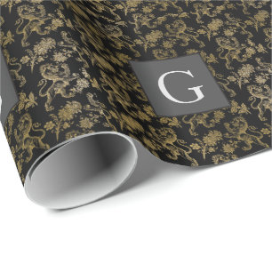 Monogram Groomsmen Best Man Black Gold Lion Damask Cadeaupapier