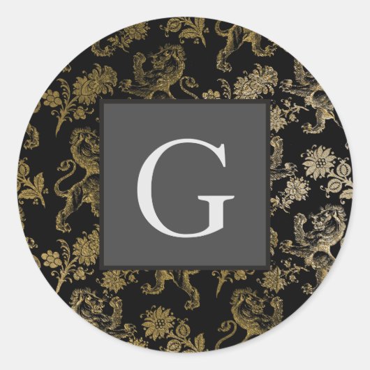 Monogram Groomsmen Best Man Black Gold Lion Damask Ronde Sticker (Voorkant)