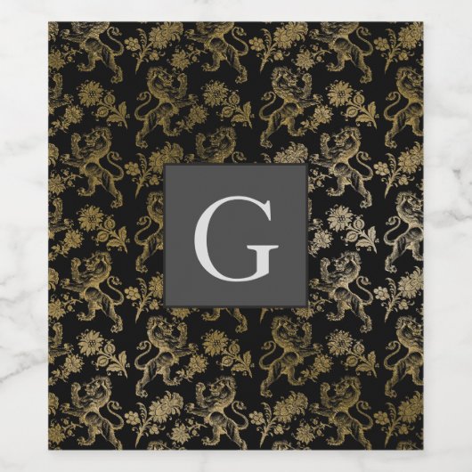 Monogram Groomsmen Best Man Black Gold Lion Damask Wijn Etiket (Enkel label)