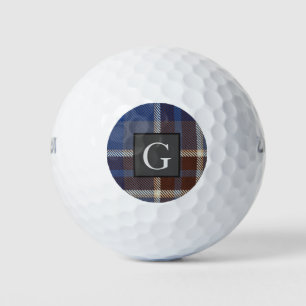 Monogram Groomsmen Best Man Blue Grey Tartan Black Golfballen