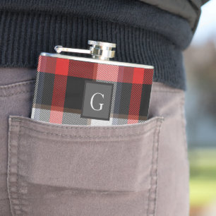 Monogram Groomsmen Best Man Red Gray Tartan Black Heupfles
