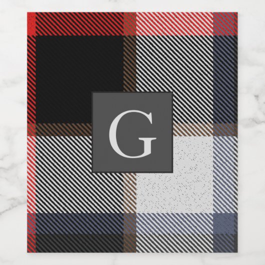 Monogram Groomsmen Best Man Red Gray Tartan Black Wijn Etiket (Enkel label)