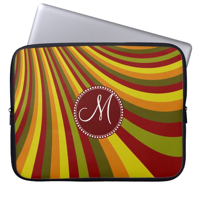 Monogram Groovy Red Yellow Oranje Green Stripes Laptop Sleeve (Voorkant)