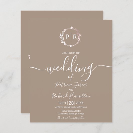 Monogram Grullo Budget Wedding Uitnodiging (Voorkant / Achterkant)