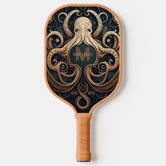 Monogram Grunge Goud Zwart Gepersonaliseerde Octop Pickleball Paddle (Voorkant)