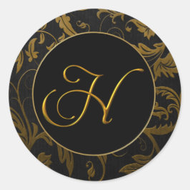 Monogram H Goud en Zwart Damast Trouwzegel Ronde Sticker