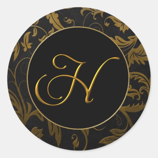 Monogram H Goud en Zwart Damast Trouwzegel Ronde Sticker (Voorkant)