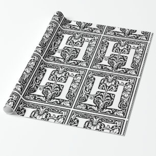 Monogram H Initiaal Black en White Floral Pattern Cadeaupapier