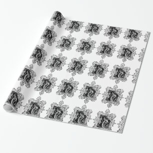 Monogram H Initiaal Black en White Floral Pattern Cadeaupapier