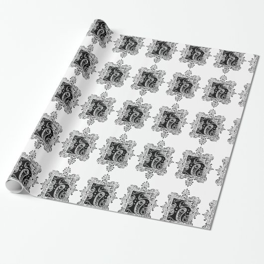 Monogram H Initiaal Black en White Floral Pattern Cadeaupapier (Uitgerold)