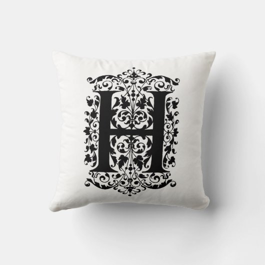 Monogram H Initiaal Black en White Floral Pattern Kussen (Achterkant)