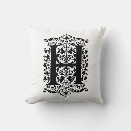 Monogram H Initiaal Black en White Floral Pattern Kussen (Voorkant)