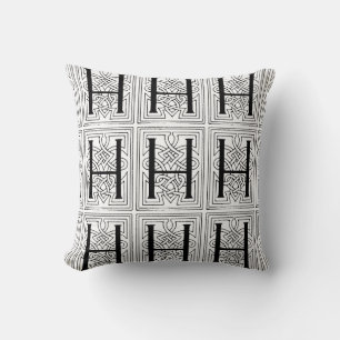 Monogram H Initiaal Black en White Scroll Pattern Kussen