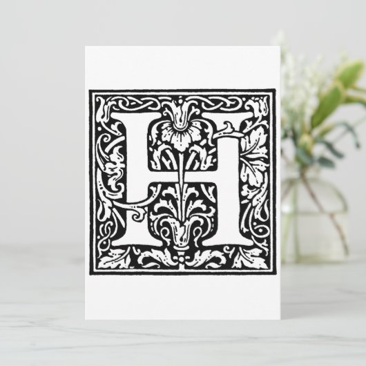 Monogram H Initiaal Zwarte en Witte Floral Feestdagenkaart (Staand voorkant)