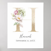 Monogram H Roze witte Floral Gold Letter Neursery Poster (Voorkant)