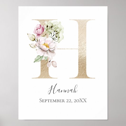 Monogram H Roze witte Floral Gold Letter Neursery Poster (Voorkant)