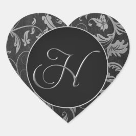 Monogram H Zilver en Zwart Damast Bruiloft Seal Hart Sticker