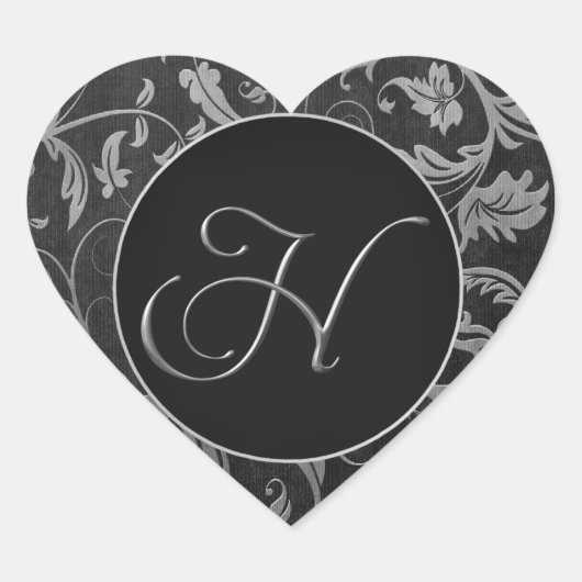 Monogram H Zilver en Zwart Damast Bruiloft Seal Hart Sticker (Voorkant)