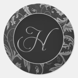 Monogram H Zilver en Zwart Damast Bruiloft Seal Ronde Sticker