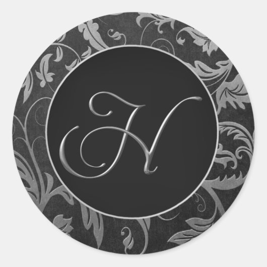 Monogram H Zilver en Zwart Damast Bruiloft Seal Ronde Sticker (Voorkant)
