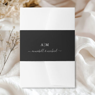 Monogram, Handgeschrift, Elegant Zwart Uitnodigingen Wikkel