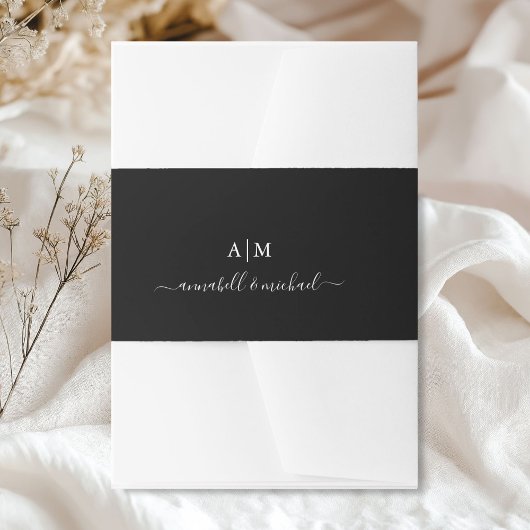 Monogram, Handgeschrift, Elegant Zwart Uitnodigingen Wikkel