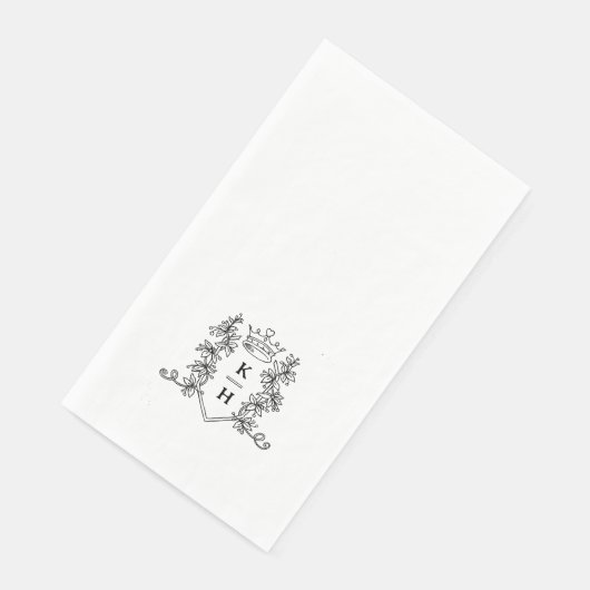 Monogram handgetekende kam zwart wit bruiloft servet (Hoek)