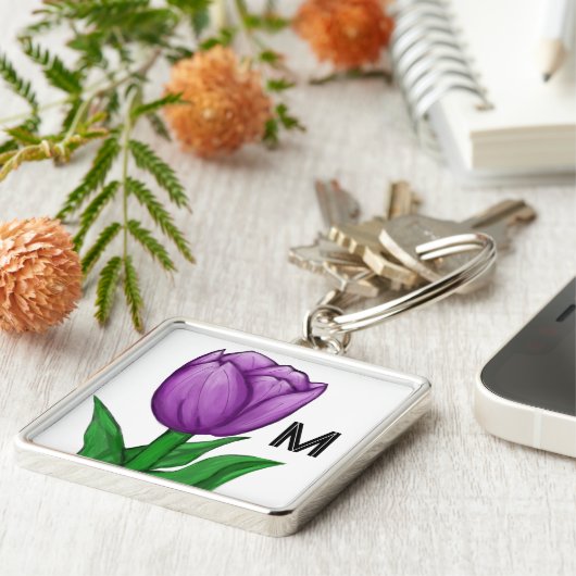 Monogram Handpainted Purple Tulip  Sleutelhanger (Zijkant)