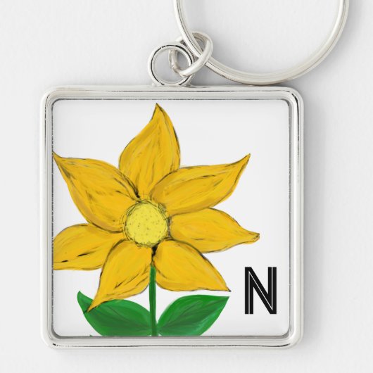 Monogram Handpainted Yellow Sunflower Sleutelhanger (Voorkant)