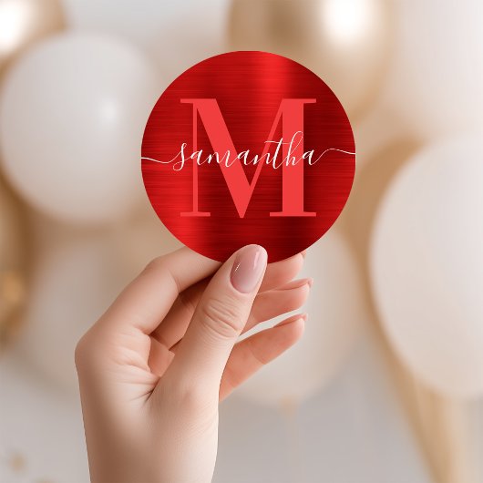 Monogram handtekening rode folie ronde sticker