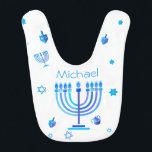 Monogram Hanukkah Jewish Holiday Menorah Baby Slabbetje<br><div class="desc">Monogram en Chanoeka-symbool. Gelukkig Chanoeka Party Joodse Vakantie Blauwe Menora. Joodse vakantie Chanoeka Decoratie met traditionele Chanuka decoratief symbool - Marine Blauwe kleur hanukkiah menorah, kandelaar met kaarsen, ster van David en neon blauwe gloeiende lichten illustratie. Chanoeka Festival van lichten Evenement Decoratie. Jeruzalem, Israël. Baby & Kinder > Verpleging, Voeding...</div>