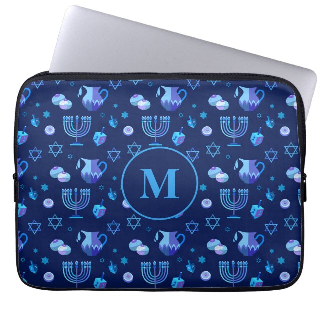 Monogram, Hanukkah Jewish Holiday  Pattern Laptop Sleeve (Voorkant)