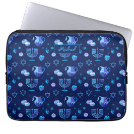 Monogram, Hanukkah Jewish Holiday  Pattern Laptop Sleeve