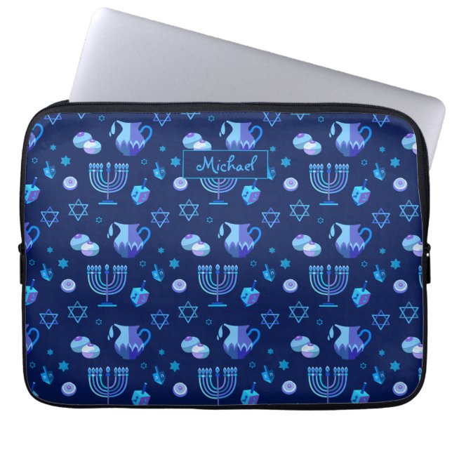 Monogram, Hanukkah Jewish Holiday  Pattern Laptop Sleeve (Voorkant)